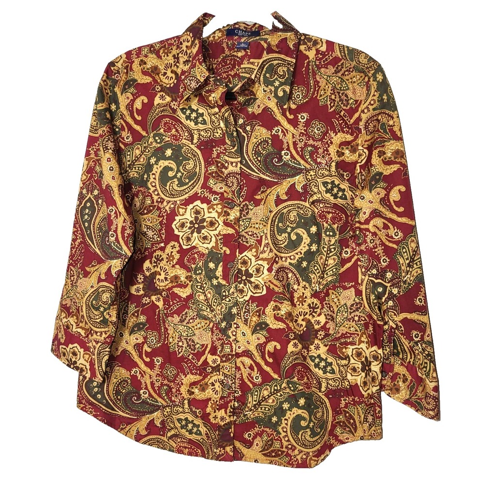 Chaps Womens Floral Burgundy/Green/Tan Button Up Cotton Shirt Size‎ Lg Preppy